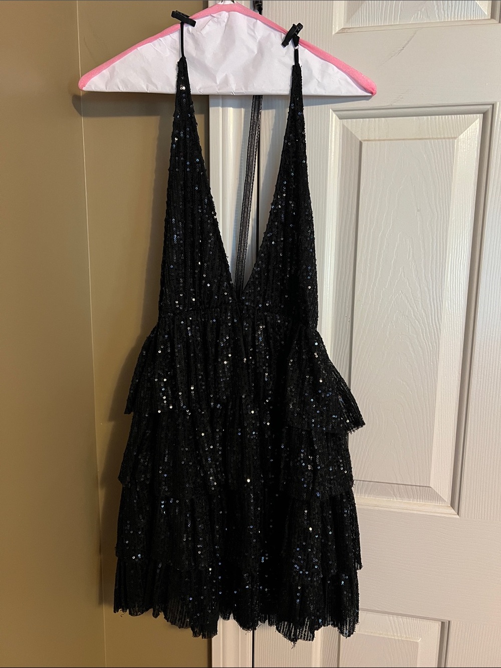 Lucy in the Sky Black Sequin Tiered Backless Mini Dress